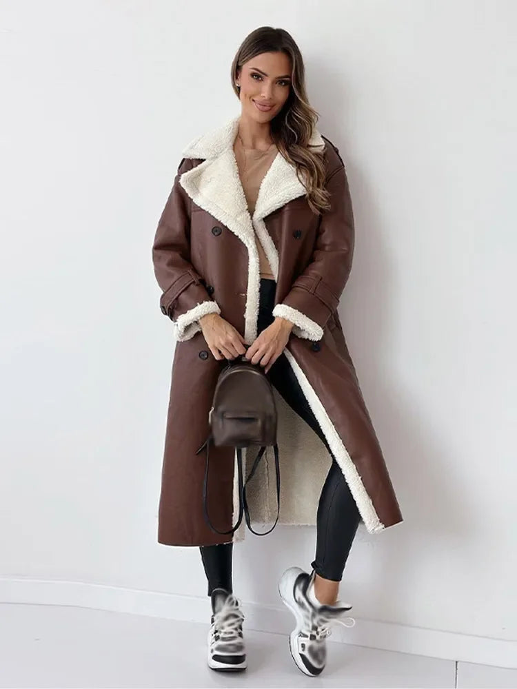 Reshen - lapel collar belted long winter coat