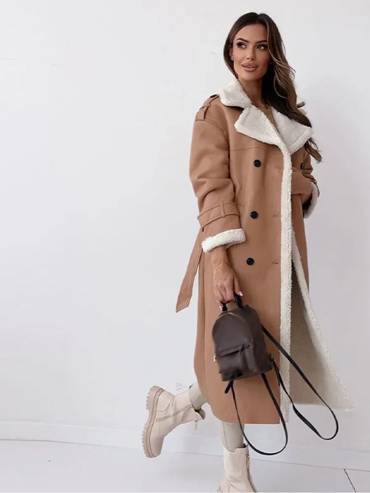 Reshen - lapel collar belted long winter coat