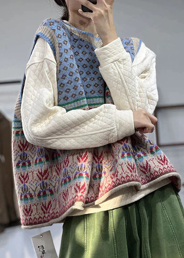 Literary style sweater vest with jacquard design and curling detail for women