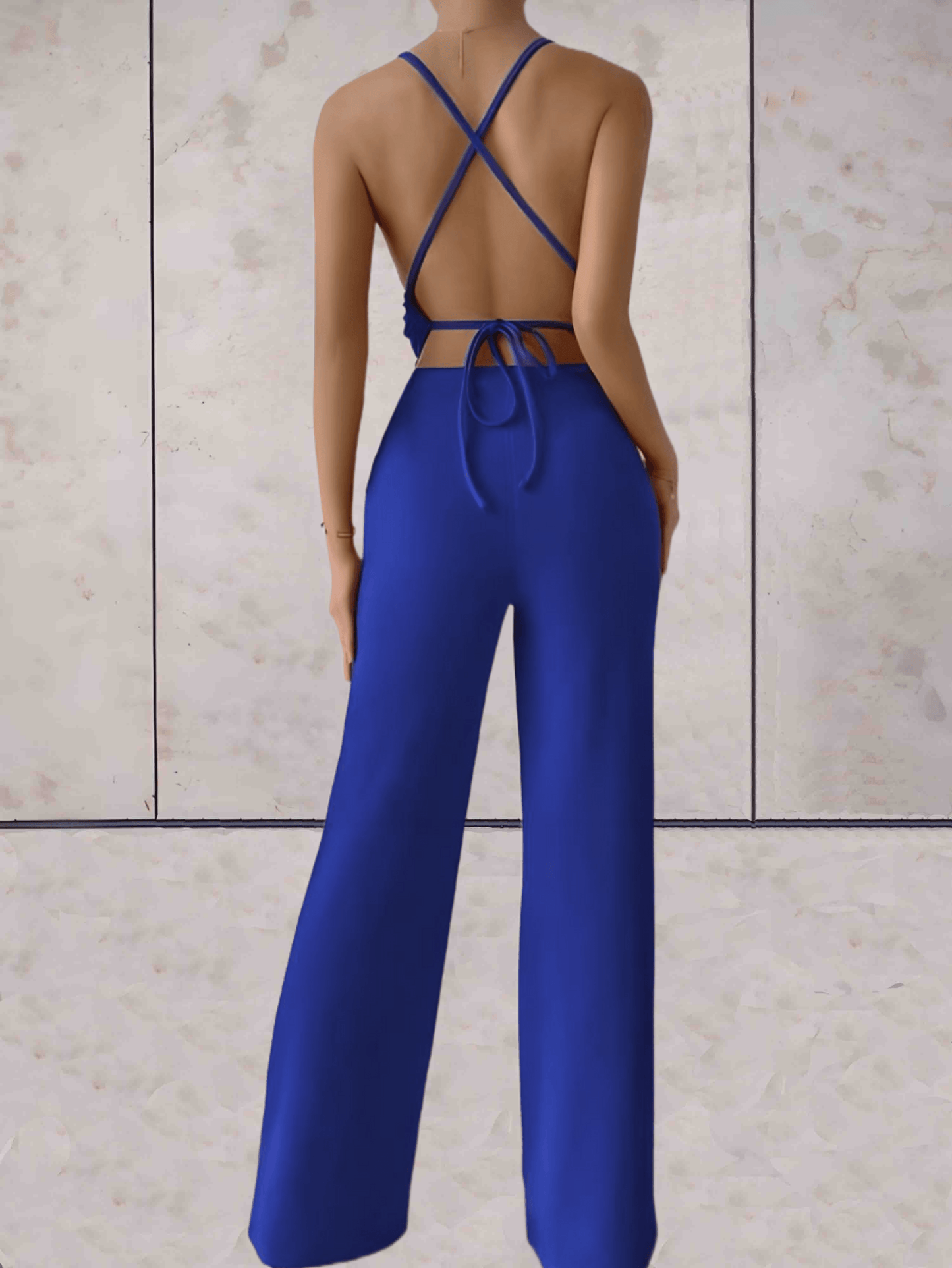 Women's Jumpsuit - Deep V-Neck - Fitted Bodice - Wide Leg Elegant One-Piece
