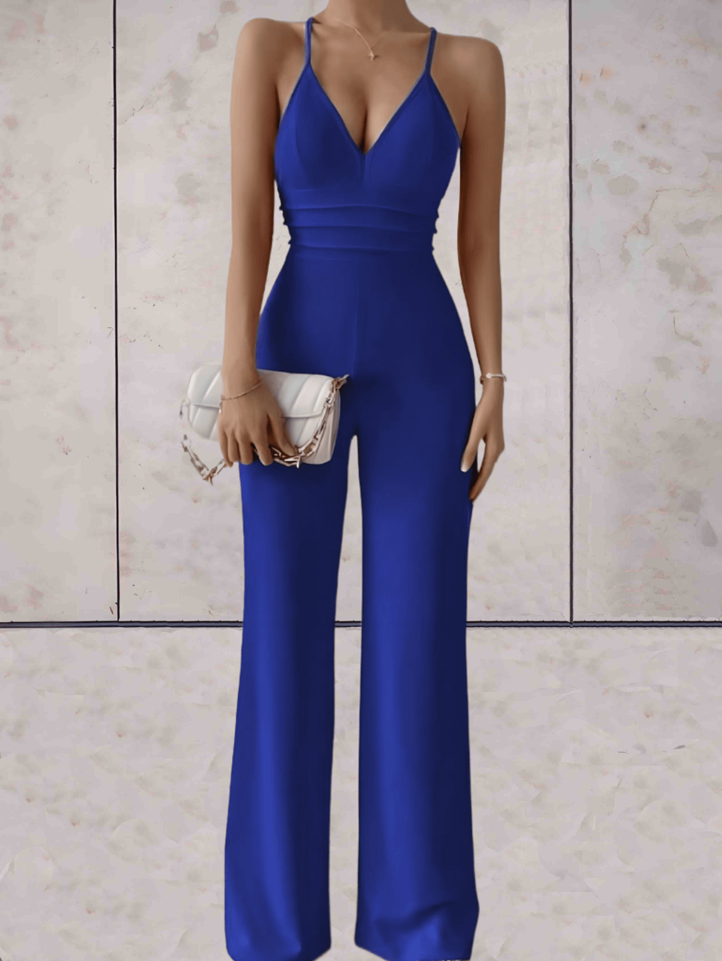 Women's Jumpsuit - Deep V-Neck - Fitted Bodice - Wide Leg Elegant One-Piece