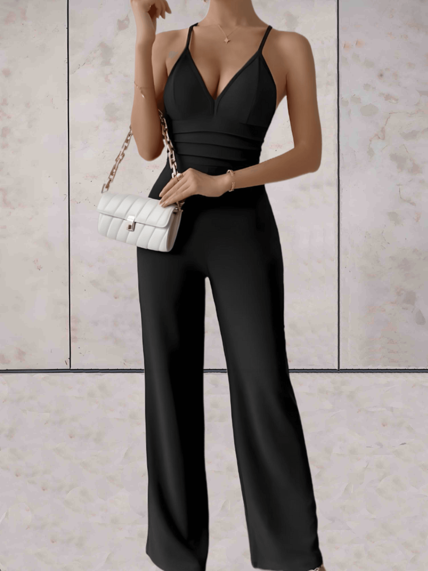 Women's Jumpsuit - Deep V-Neck - Fitted Bodice - Wide Leg Elegant One-Piece