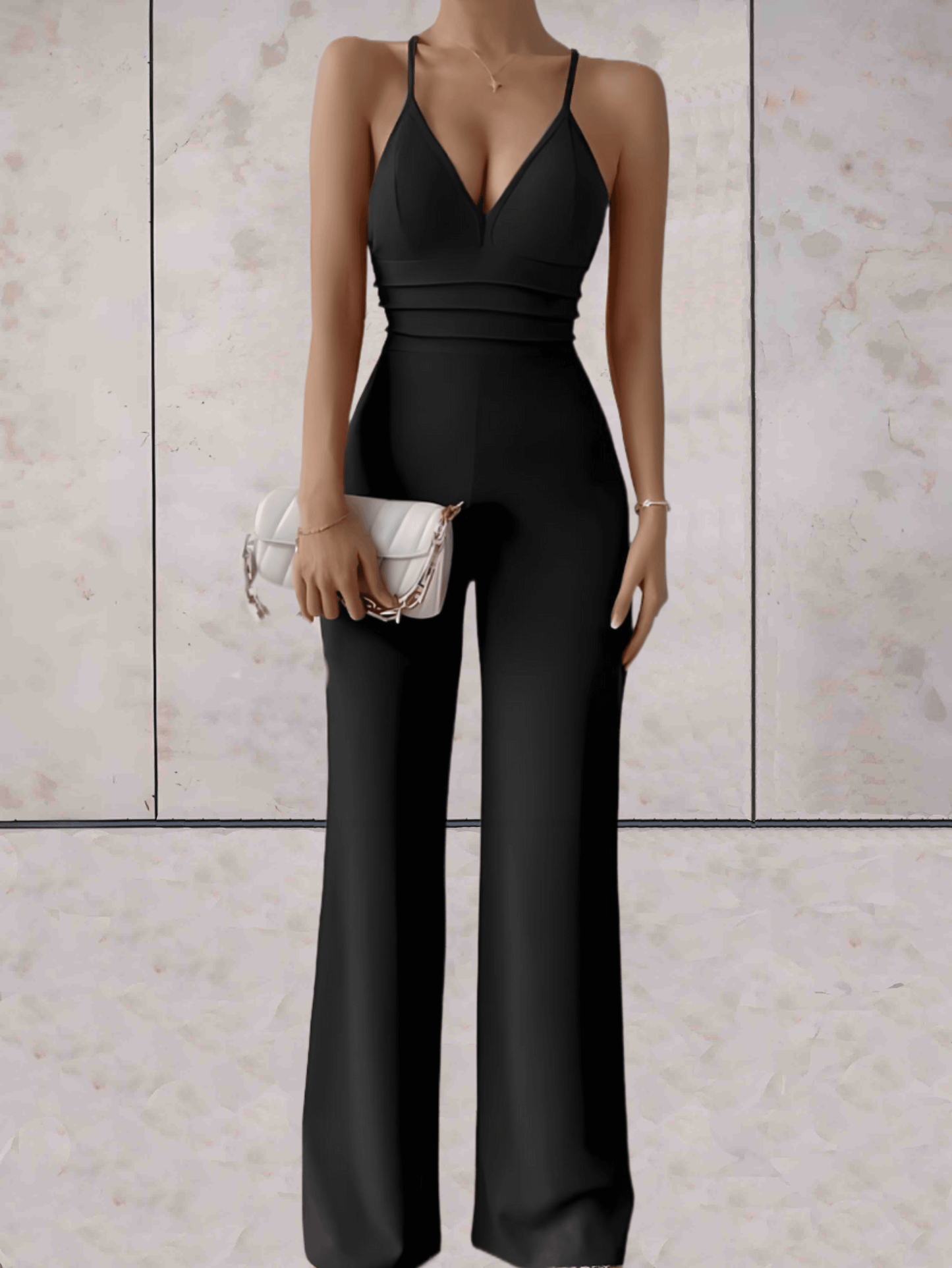 Women's Jumpsuit - Deep V-Neck - Fitted Bodice - Wide Leg Elegant One-Piece