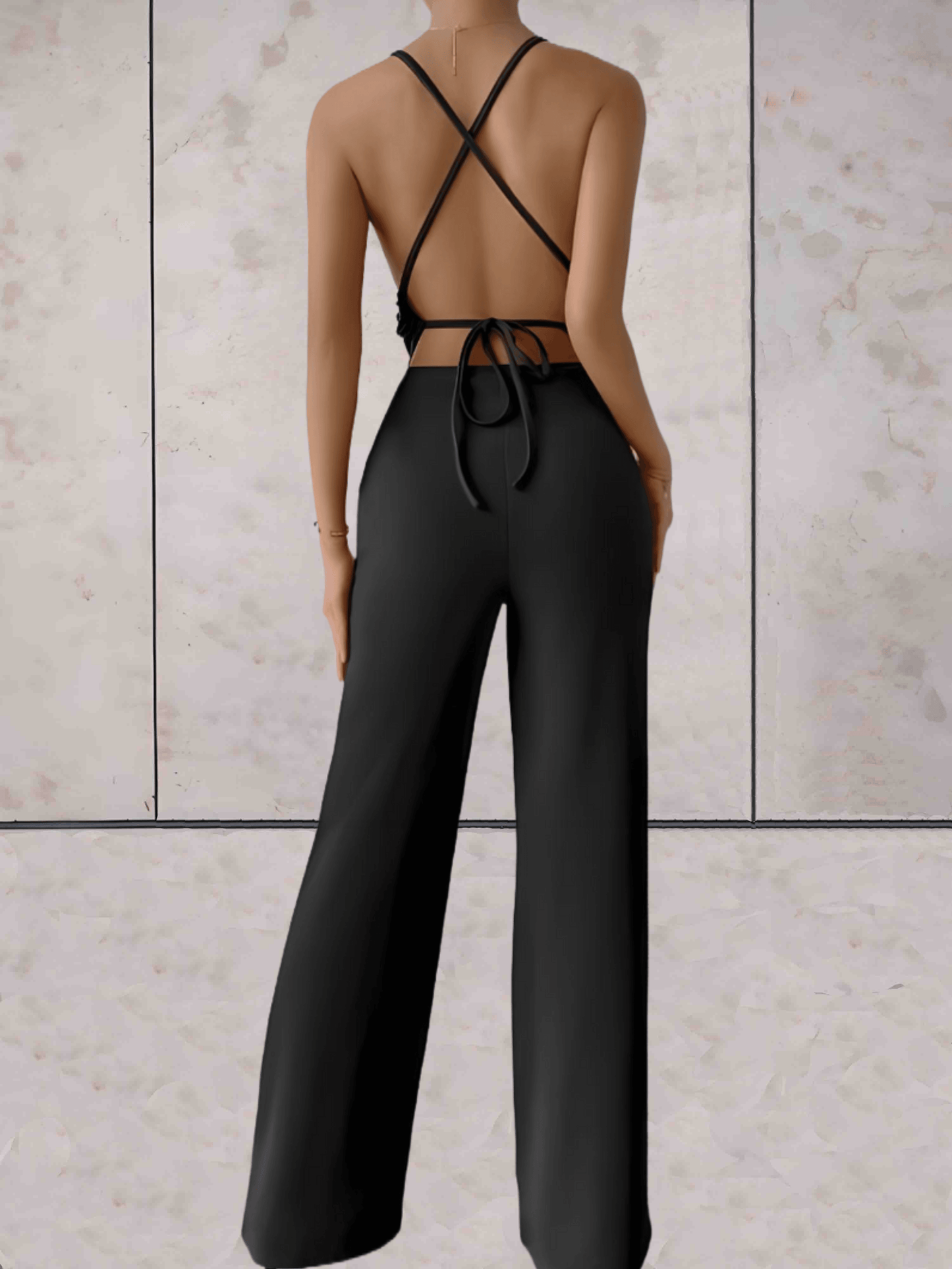 Women's Jumpsuit - Deep V-Neck - Fitted Bodice - Wide Leg Elegant One-Piece