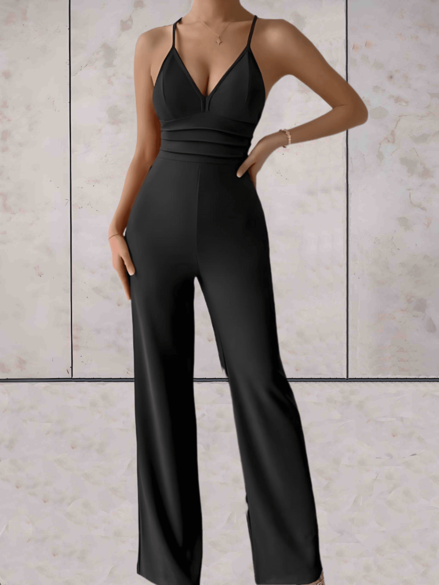 Women's Jumpsuit - Deep V-Neck - Fitted Bodice - Wide Leg Elegant One-Piece