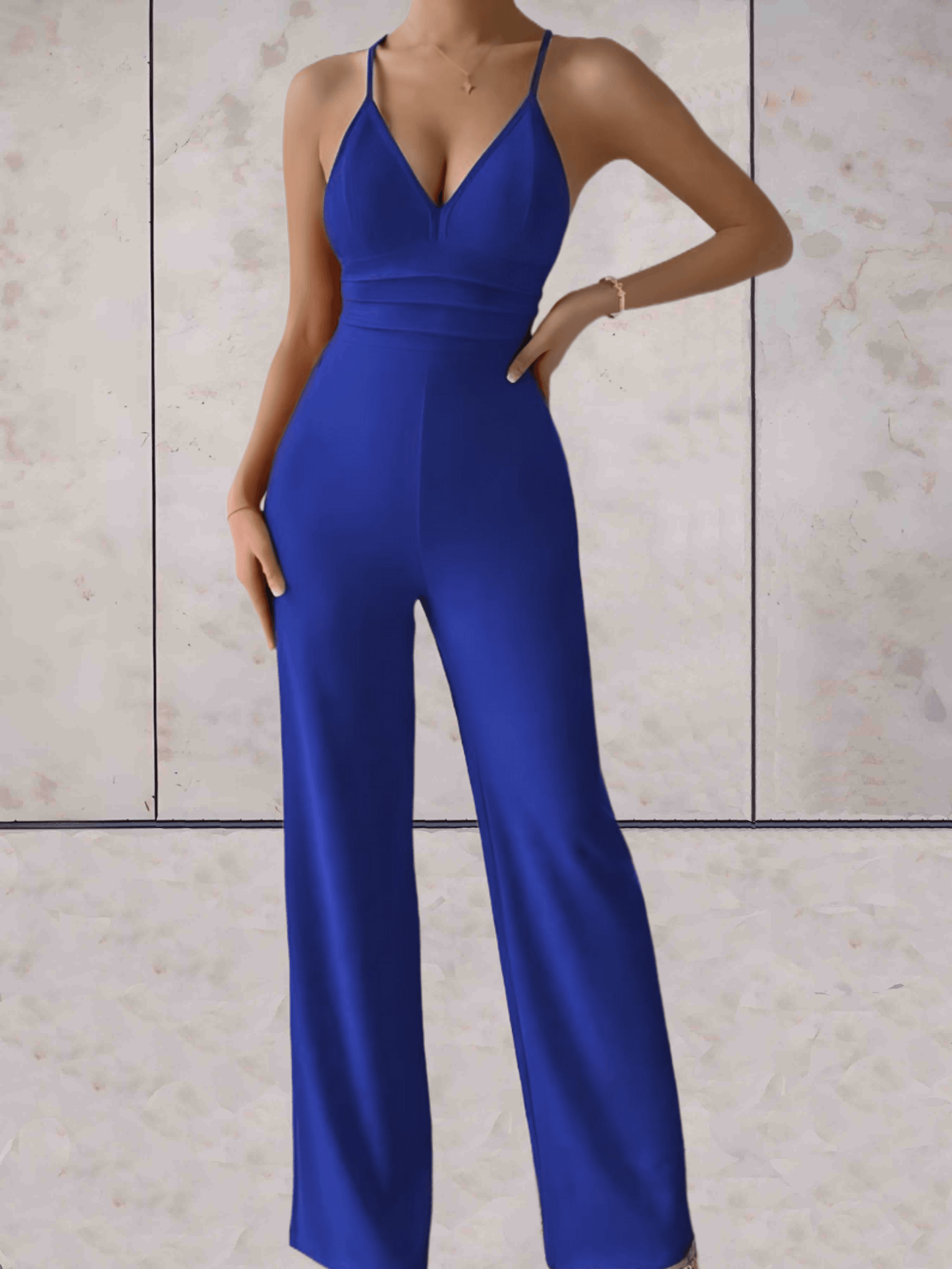 Women's Jumpsuit - Deep V-Neck - Fitted Bodice - Wide Leg Elegant One-Piece
