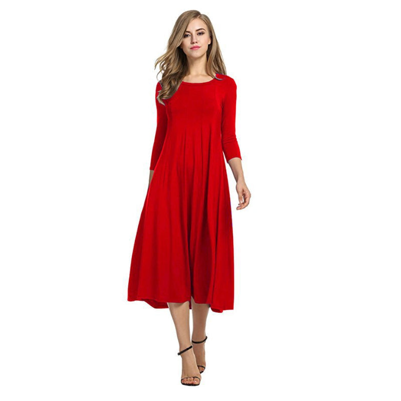 Women's A-Line Midi Dress - Flowy Fabric - Round Neck - Three-Quarter Sleeve
