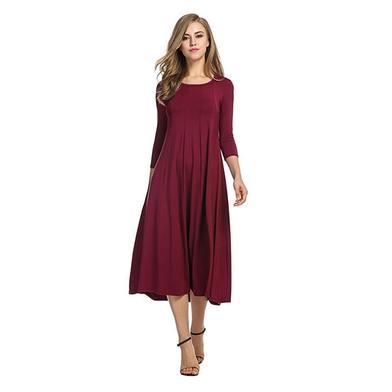 Women's A-Line Midi Dress - Flowy Fabric - Round Neck - Three-Quarter Sleeve