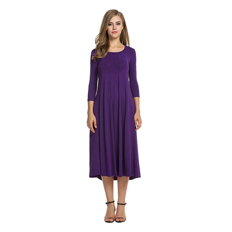Women's A-Line Midi Dress - Flowy Fabric - Round Neck - Three-Quarter Sleeve