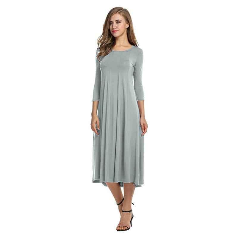 Women's A-Line Midi Dress - Flowy Fabric - Round Neck - Three-Quarter Sleeve