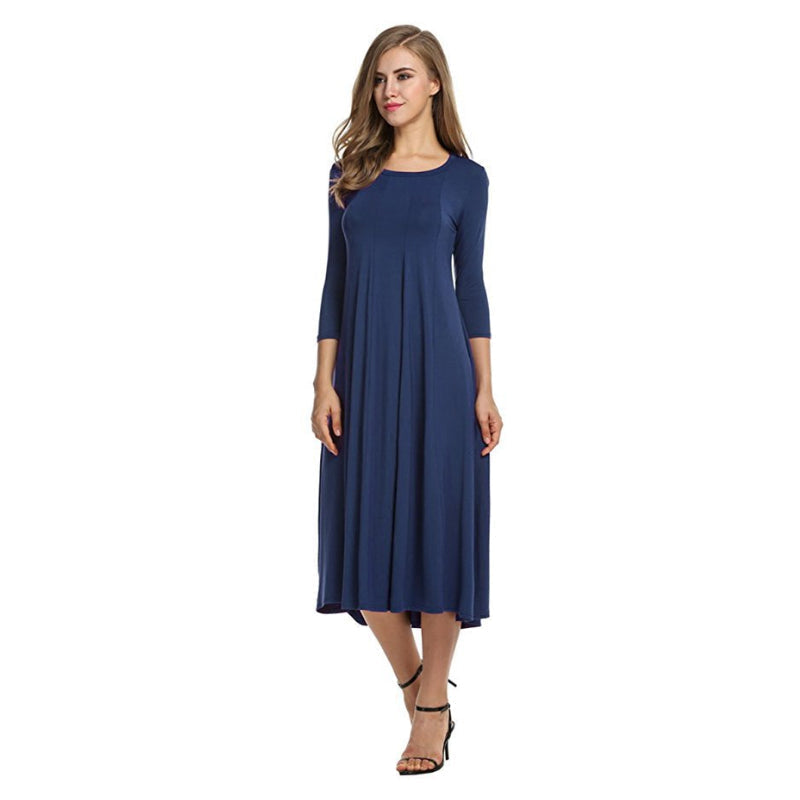 Women's A-Line Midi Dress - Flowy Fabric - Round Neck - Three-Quarter Sleeve