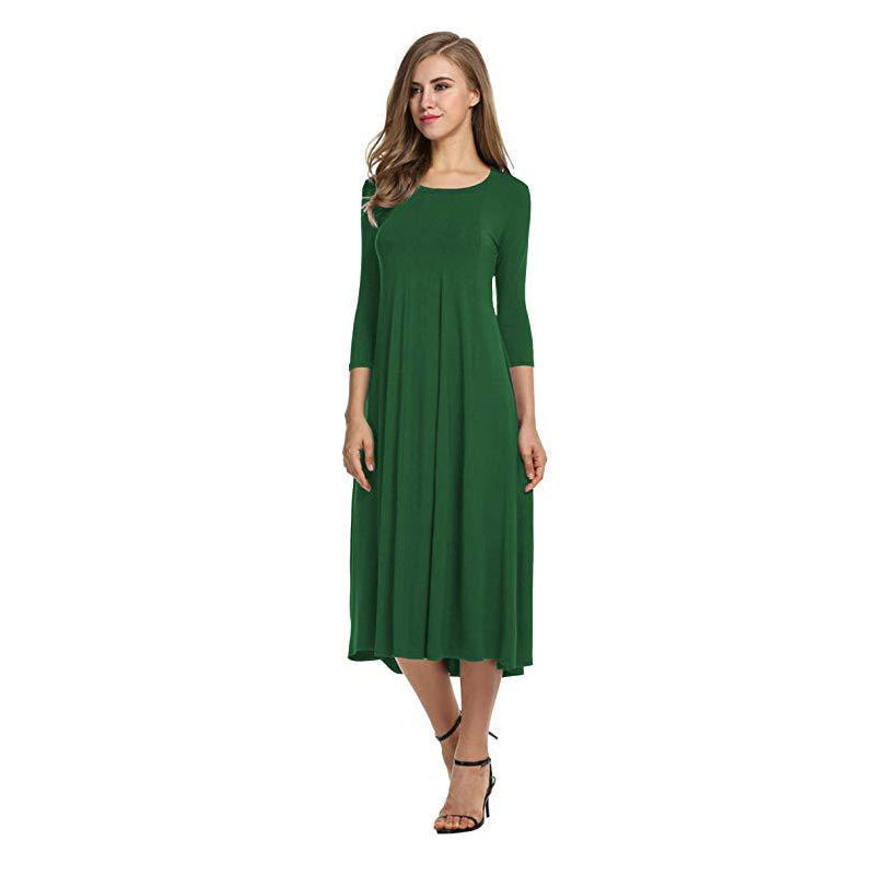 Women's A-Line Midi Dress - Flowy Fabric - Round Neck - Three-Quarter Sleeve