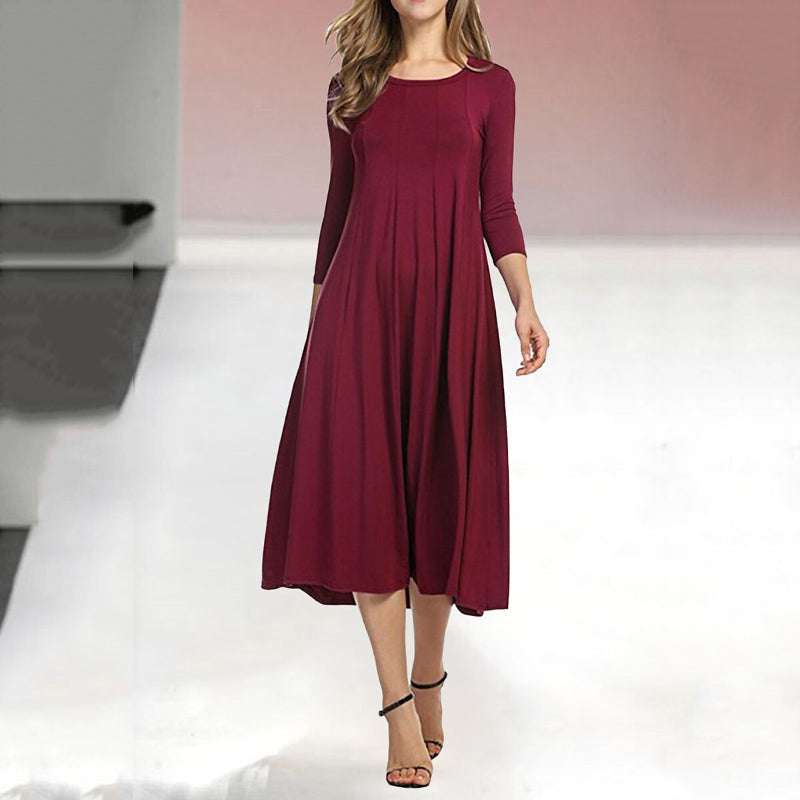 Women's A-Line Midi Dress - Flowy Fabric - Round Neck - Three-Quarter Sleeve