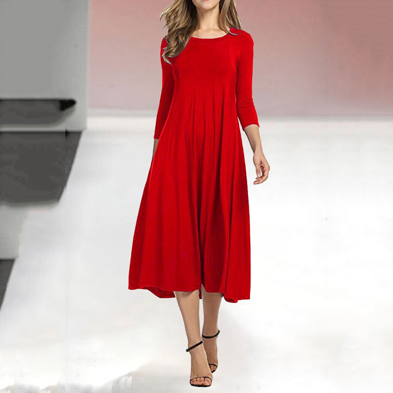 Women's A-Line Midi Dress - Flowy Fabric - Round Neck - Three-Quarter Sleeve