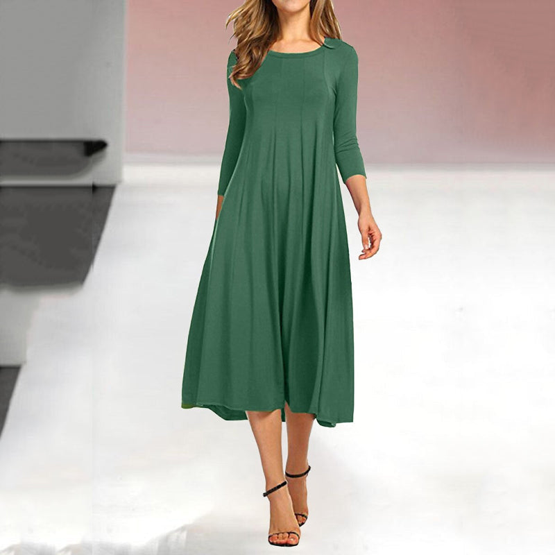 Women's A-Line Midi Dress - Flowy Fabric - Round Neck - Three-Quarter Sleeve