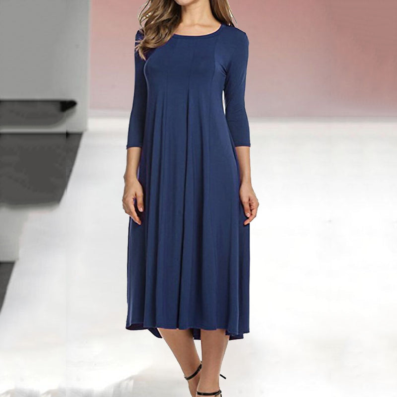 Women's A-Line Midi Dress - Flowy Fabric - Round Neck - Three-Quarter Sleeve