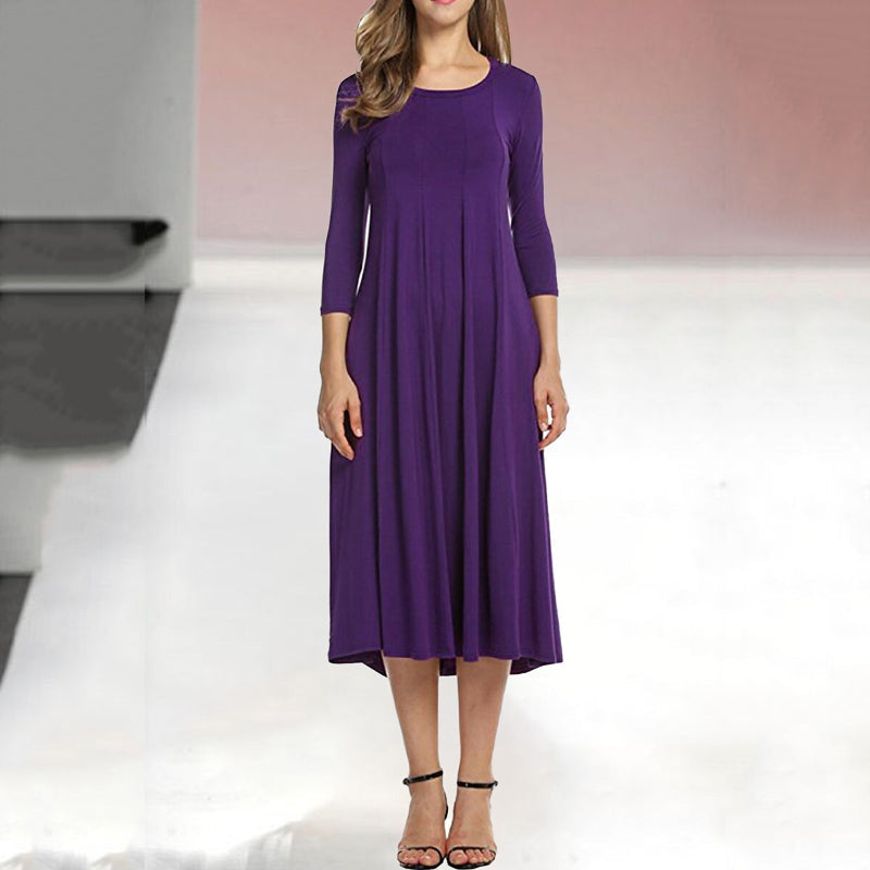 Women's A-Line Midi Dress - Flowy Fabric - Round Neck - Three-Quarter Sleeve