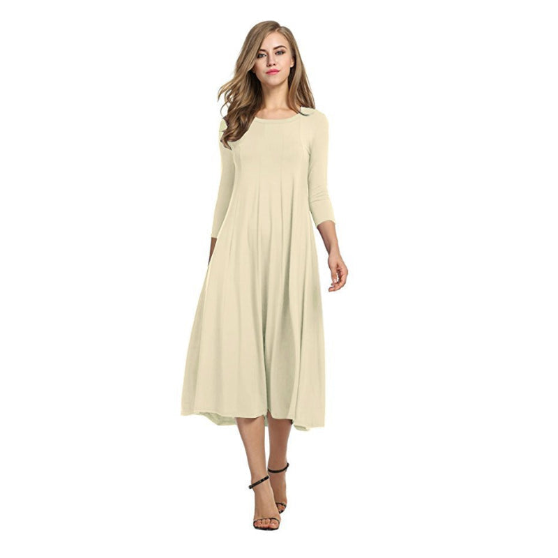 Women's A-Line Midi Dress - Flowy Fabric - Round Neck - Three-Quarter Sleeve