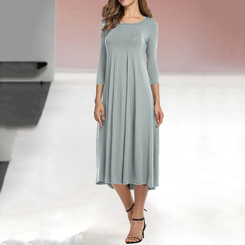 Women's A-Line Midi Dress - Flowy Fabric - Round Neck - Three-Quarter Sleeve