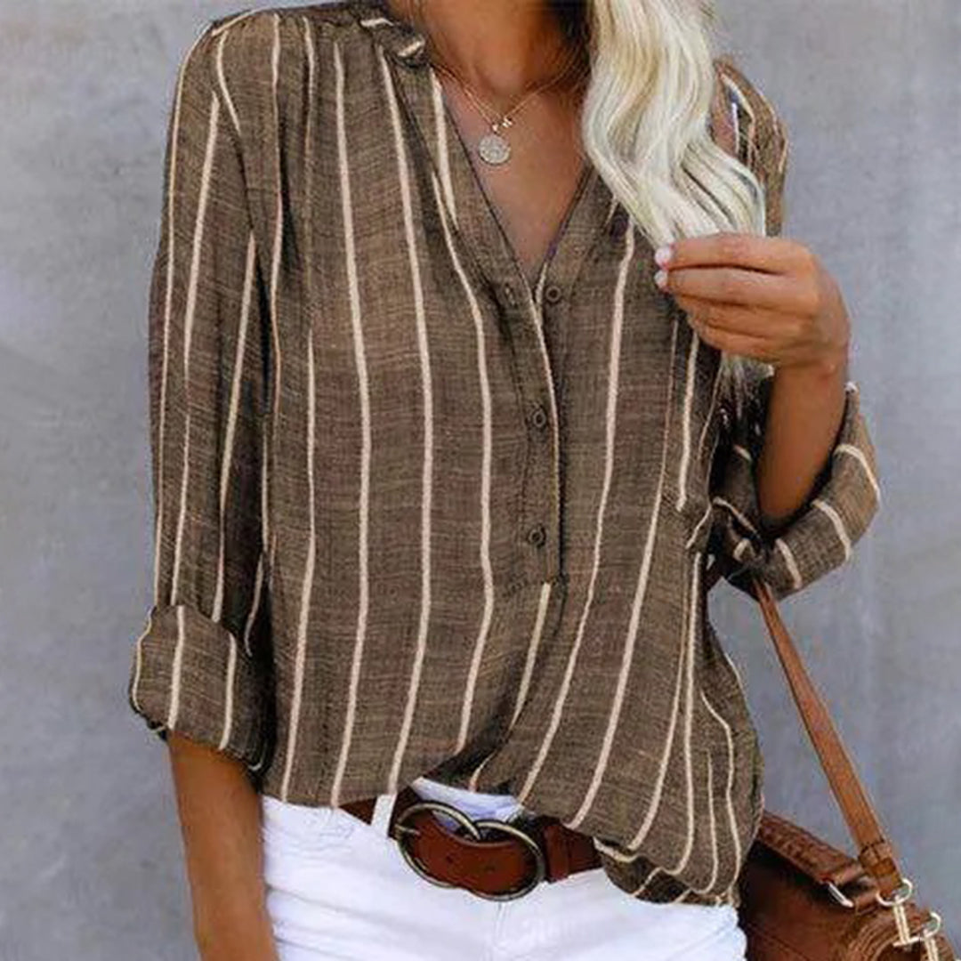 Women's Striped Blouse - V-Neck Buttoned - 3/4 Roll-Up Sleeve - Relaxed Fit