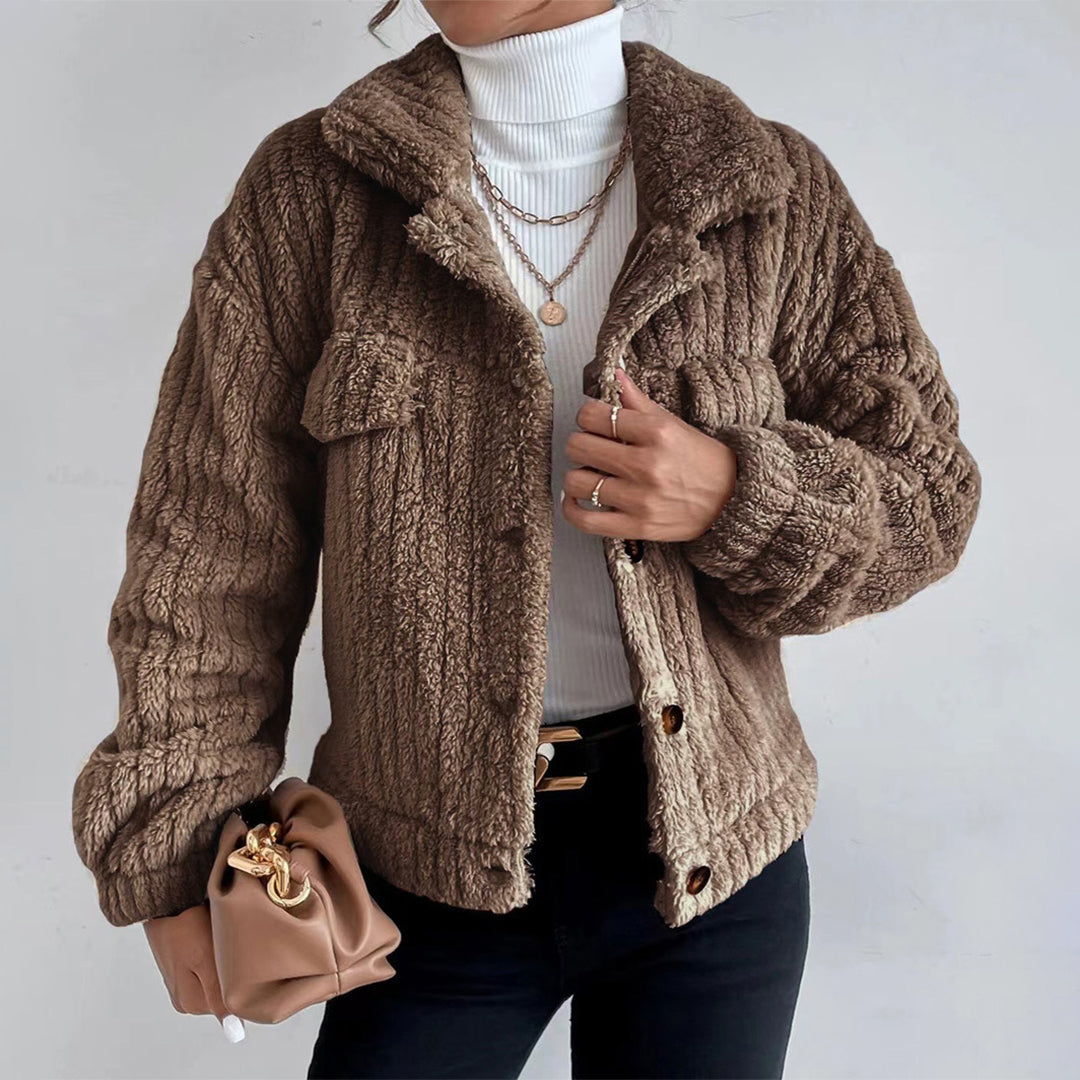 Women's casual lapel plush button-down jacket with flap pockets