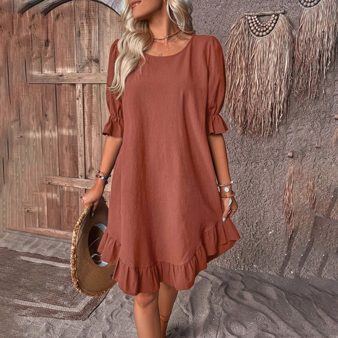 Women's A-Line Dress - Puff Sleeve - Ruffled Hem - Flowy Casual Fit