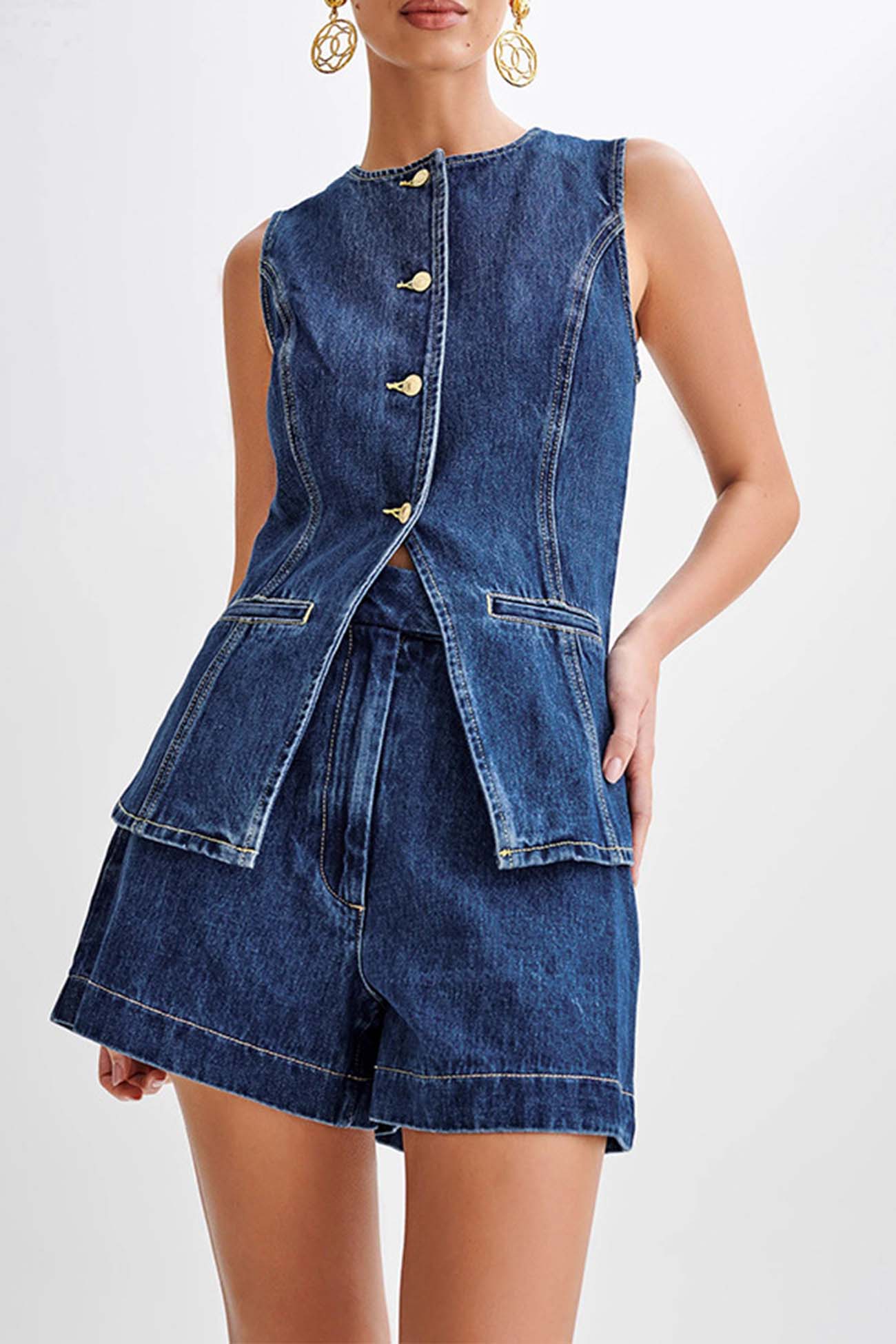 Women's button-down tank top and shorts denim set