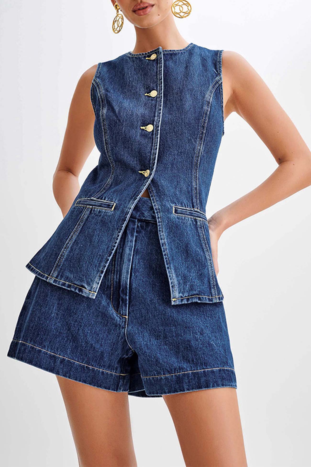 Women's button-down tank top and shorts denim set