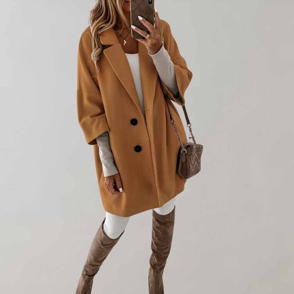 Women’s Oversized Coat – Wool Blend – Mid-Thigh Length – Relaxed Fit – Full Sleeve