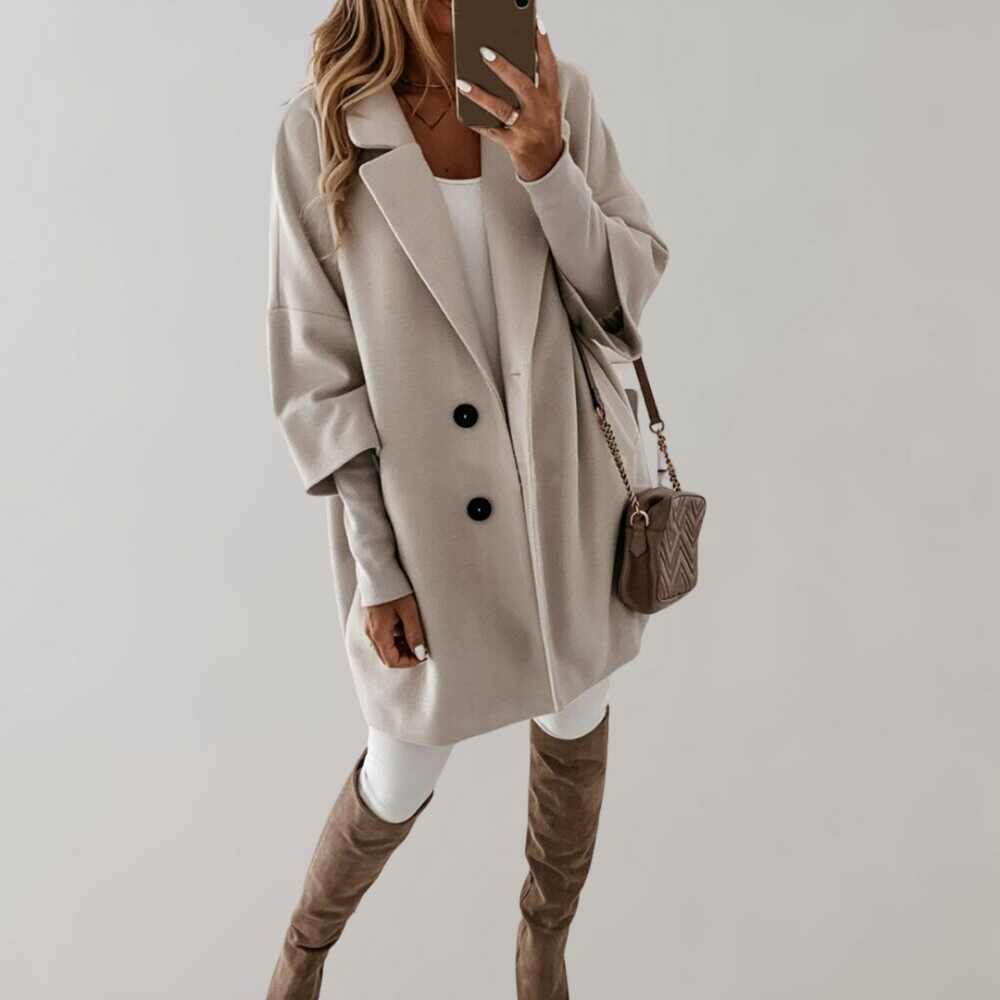 Women’s Oversized Coat – Wool Blend – Mid-Thigh Length – Relaxed Fit – Full Sleeve