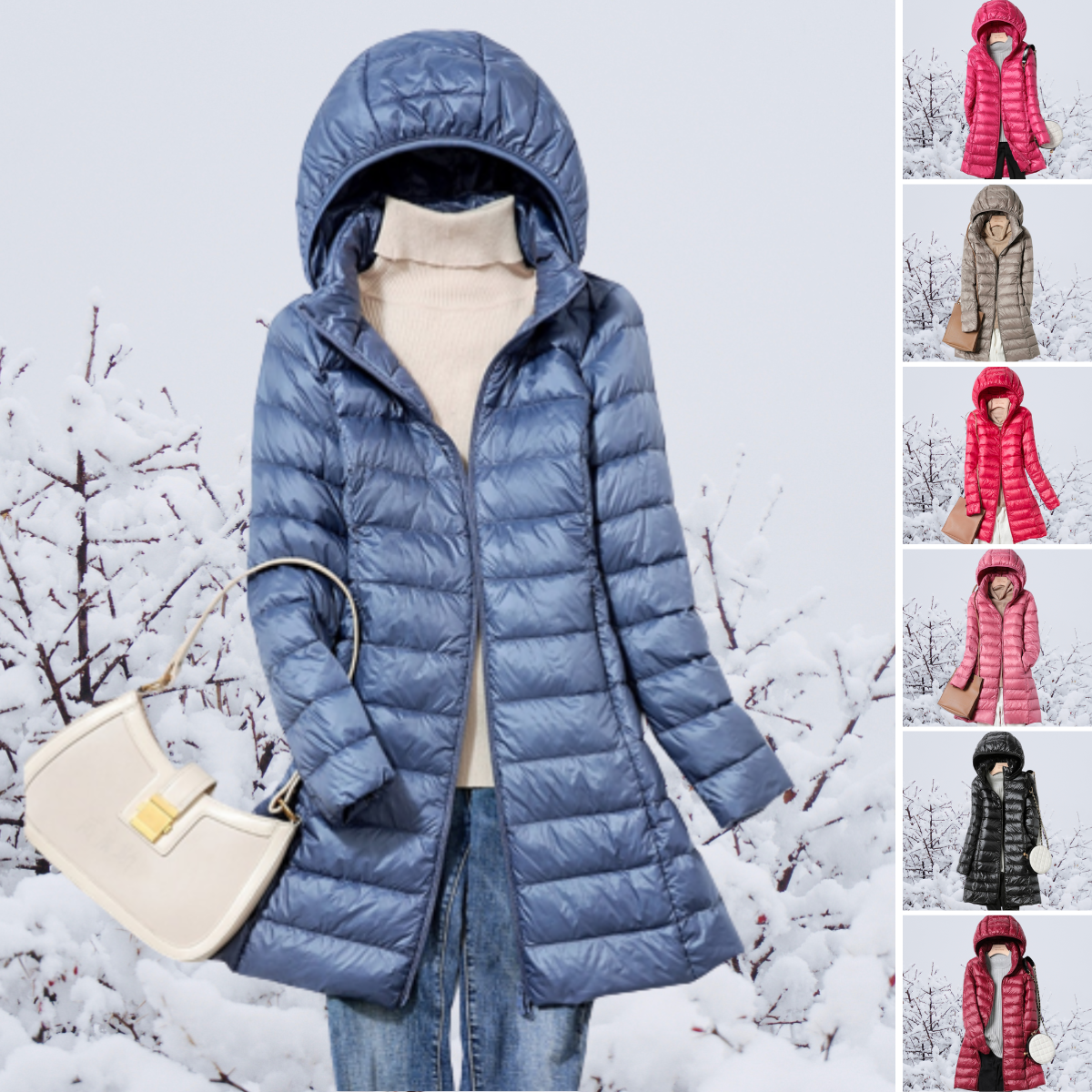 Women's Puffer Coat - Quilted Mid-Length - Hooded Lightweight Warm Jacket