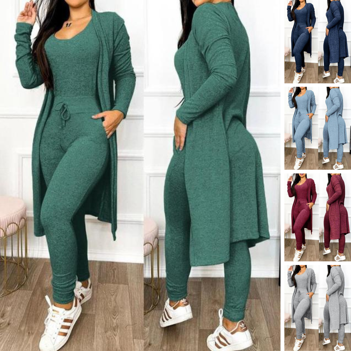 Women's Lounge Set - Fitted Tank Top & High-Waisted Leggings - Long Sleeve Cardigan