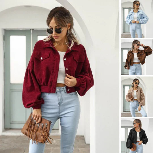 Women's shortened jacket with button closure and front pocket