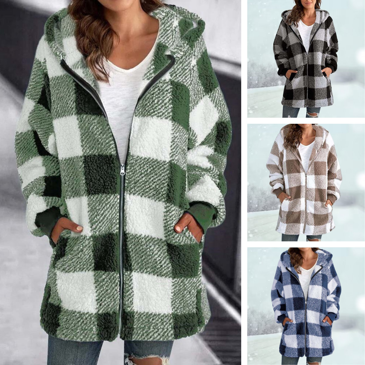 Women's warm checked winter hooded jacket with zip