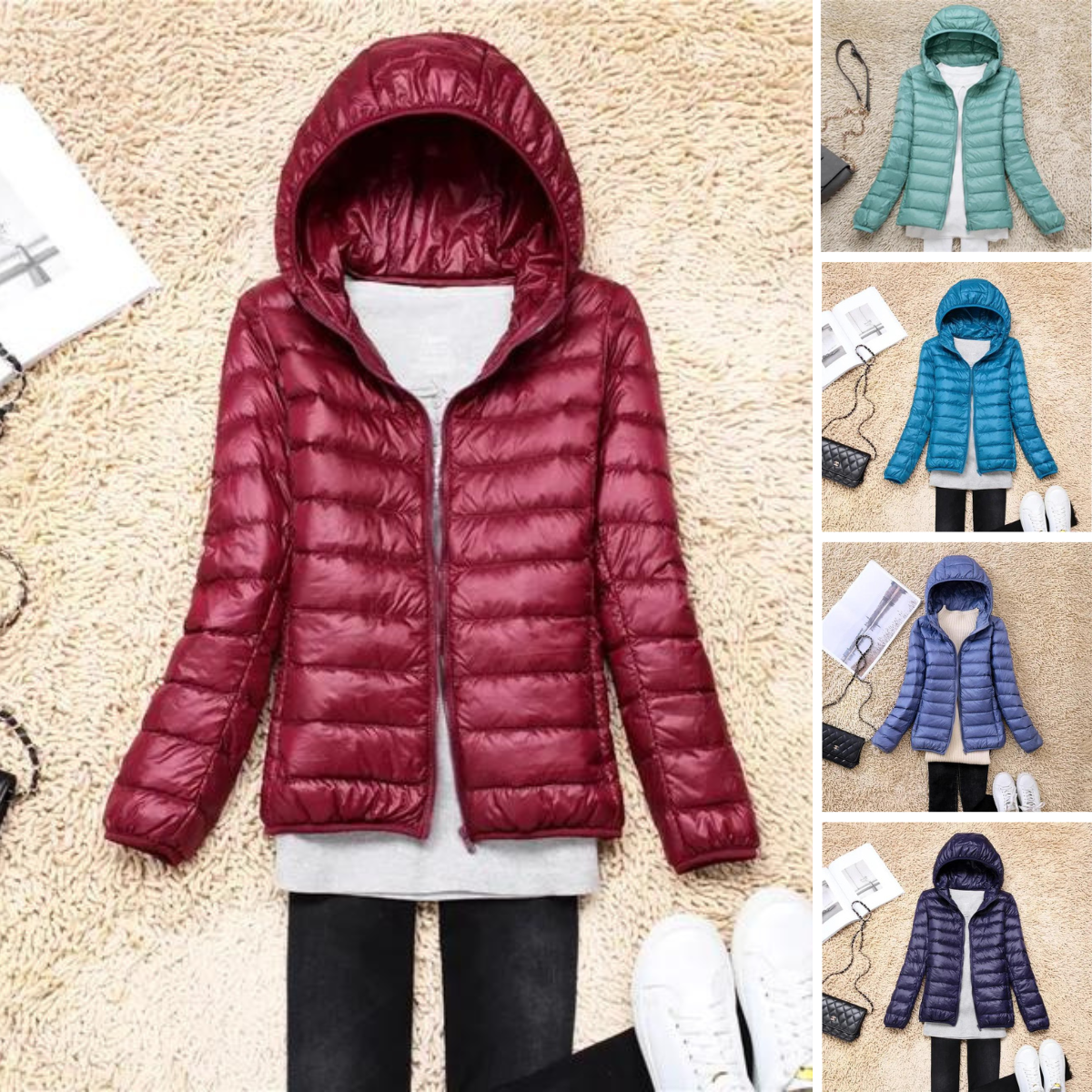 Women's Puffer Jacket - Lightweight Quilted - Hooded Water-Resistant Zip-Up