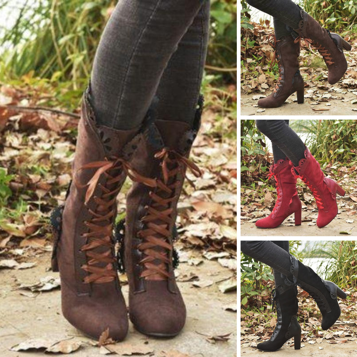 Women's faux leather lace-up block heel boots