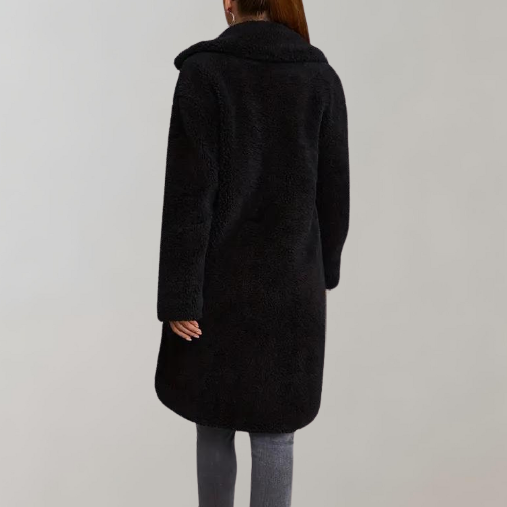 Women's mid-length loose fit knitted cardigan sweater with thick lapel and pockets