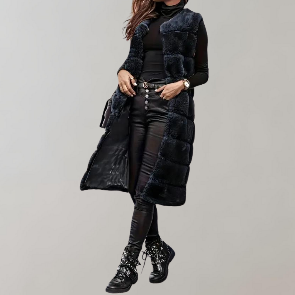 Round neck fur vest long vest jacket for women