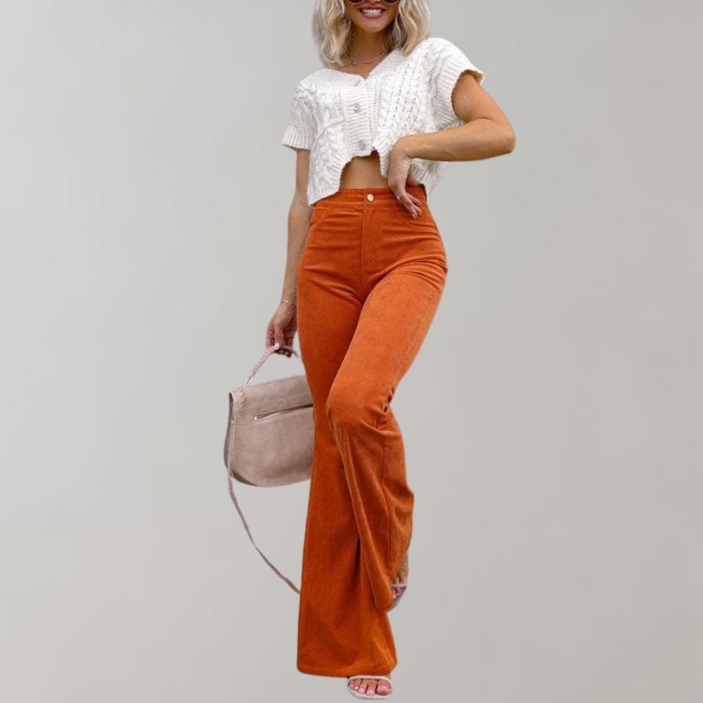 Women's slim-fitting mid-waist micro-flared corduroy pants