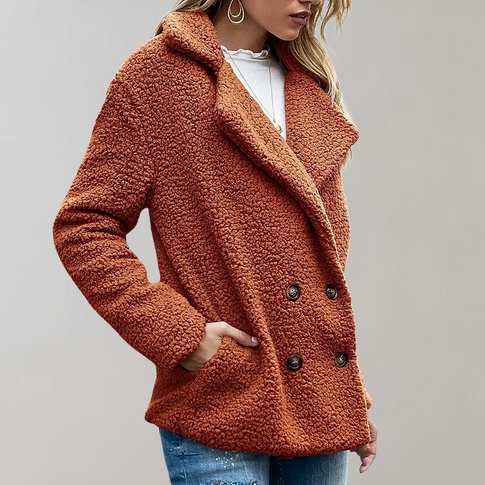 Women's buttoned plush lapel coat