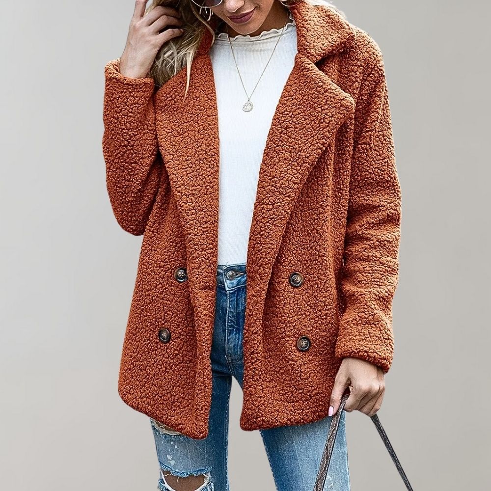 Women's buttoned plush lapel coat