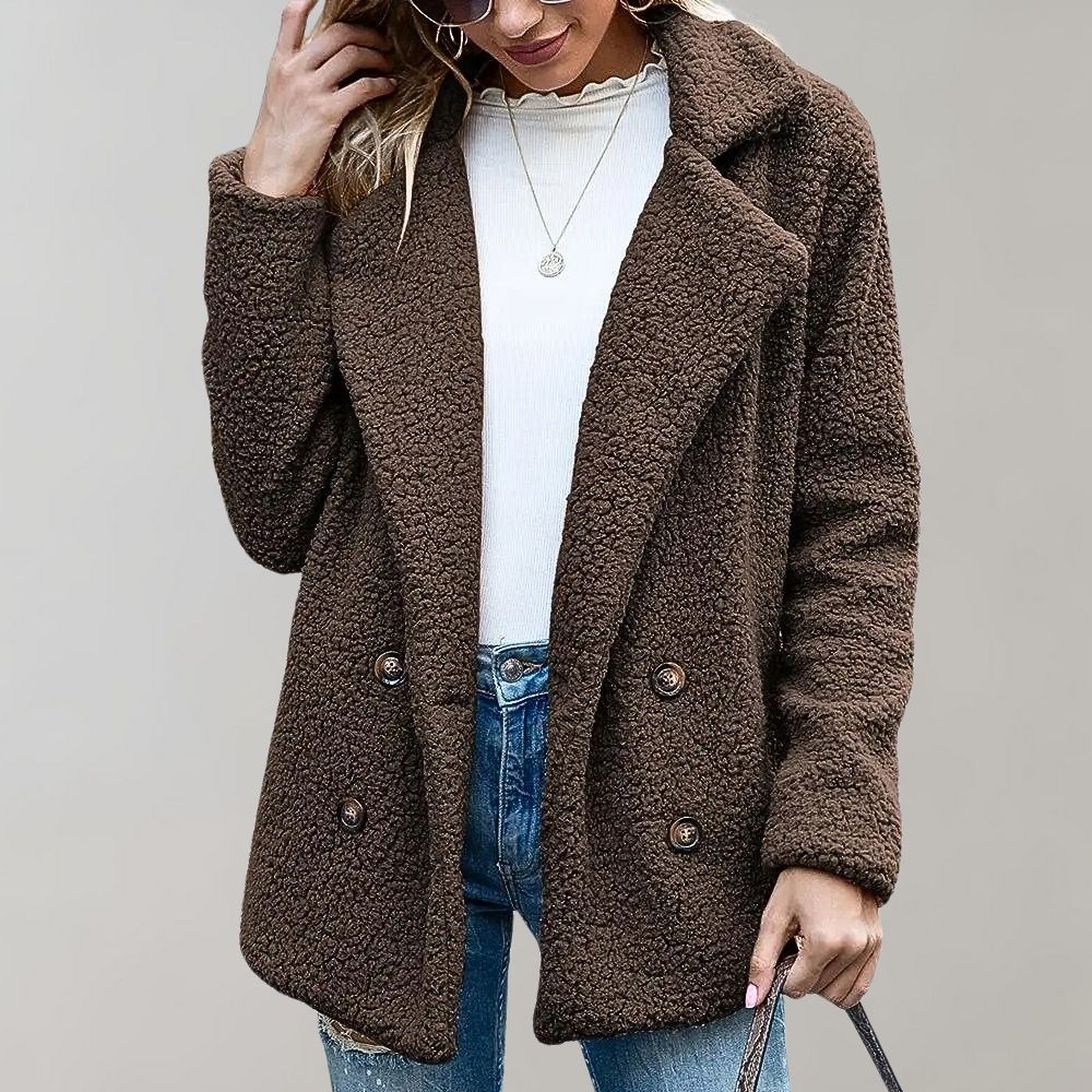 Women's buttoned plush lapel coat