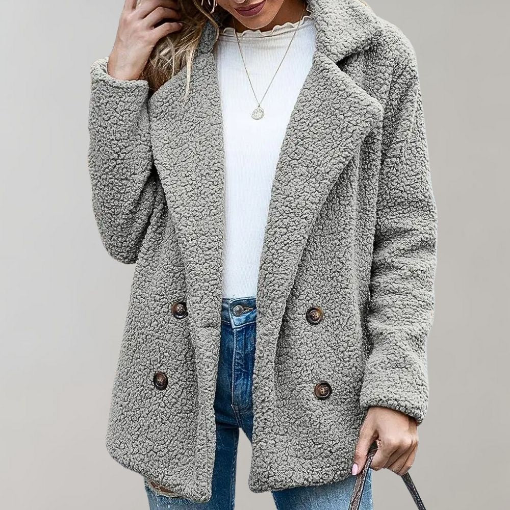Women's buttoned plush lapel coat