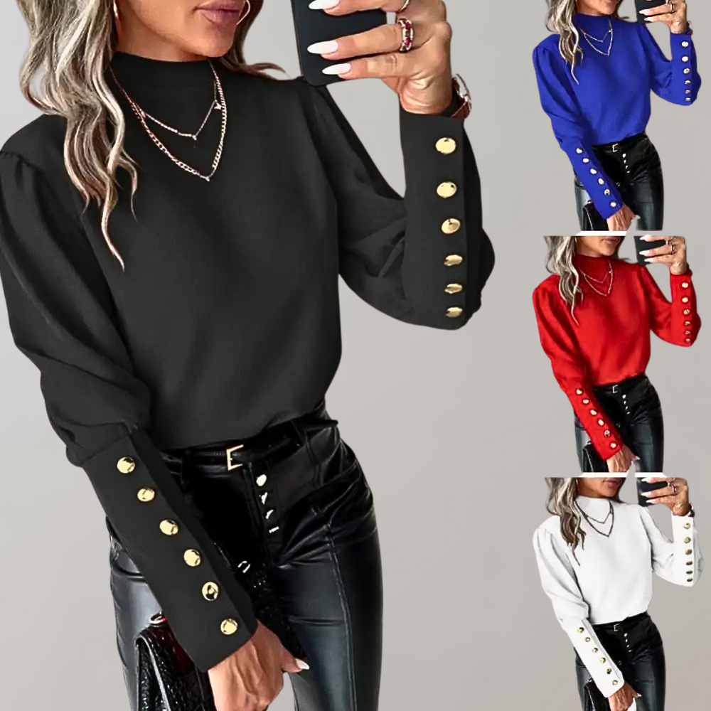 Women's Blouse - High Neck - Long Sleeve Button Detail - Elegant Loose Fit