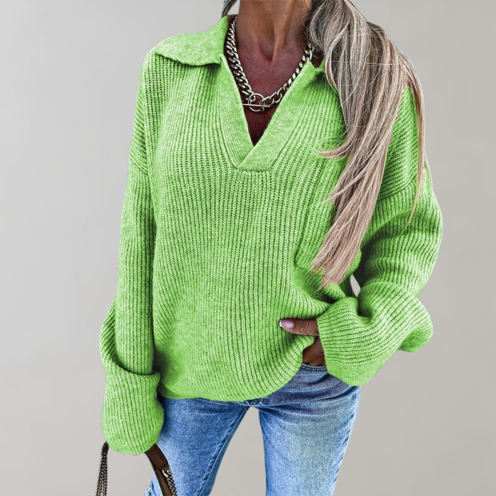 Oversized Ribbed Collared V-Neck Sweater
