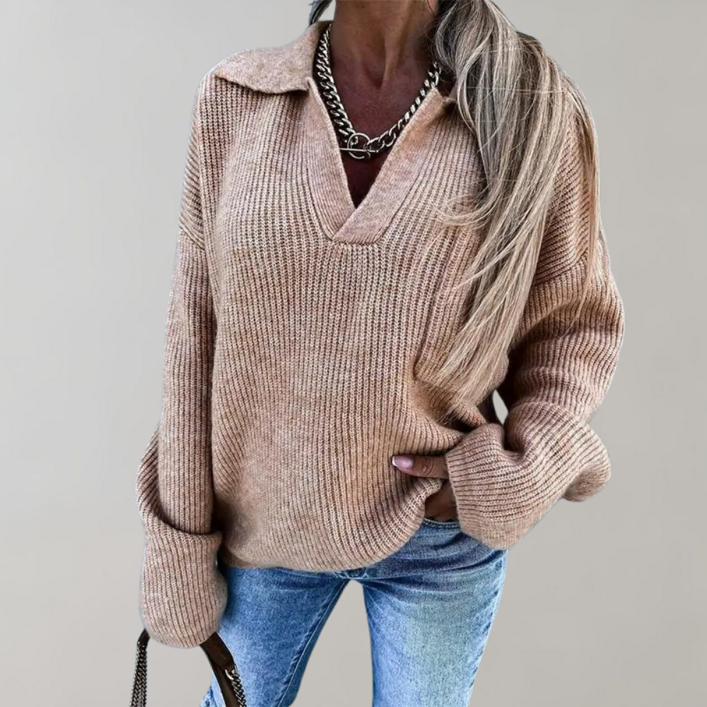 Oversized Ribbed Collared V-Neck Sweater