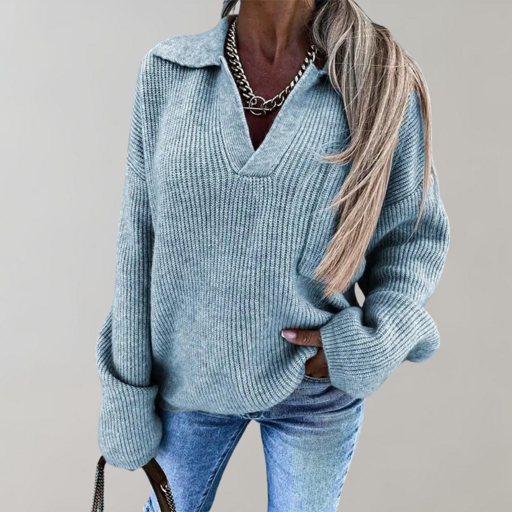 Oversized Ribbed Collared V-Neck Sweater