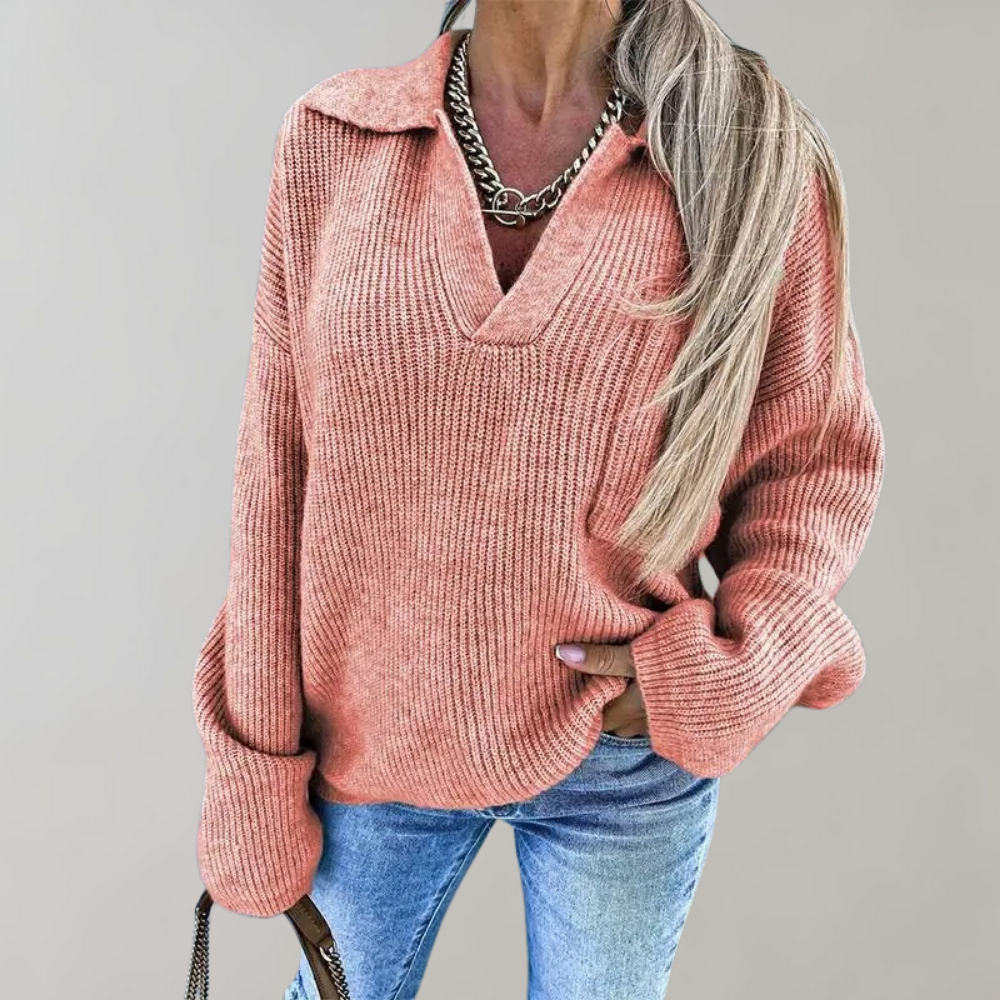 Oversized Ribbed Collared V-Neck Sweater
