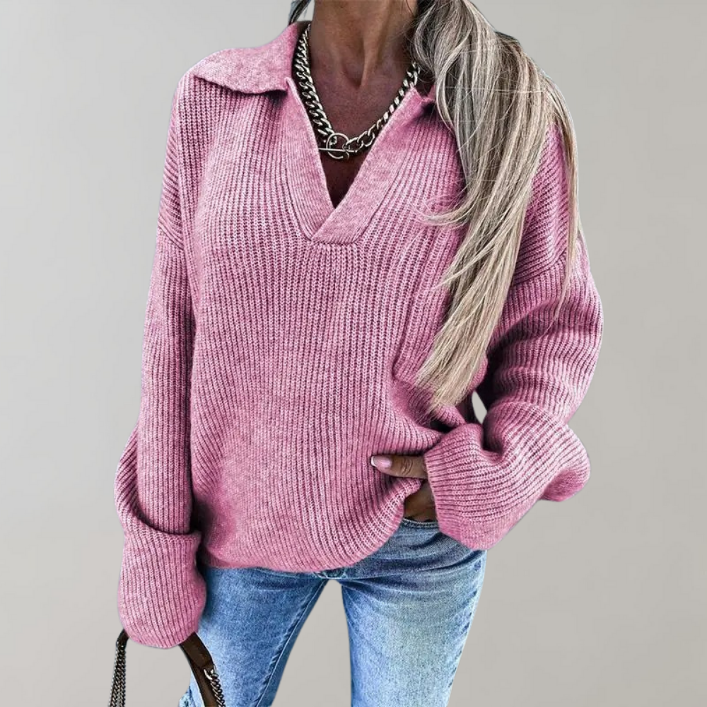 Oversized Ribbed Collared V-Neck Sweater
