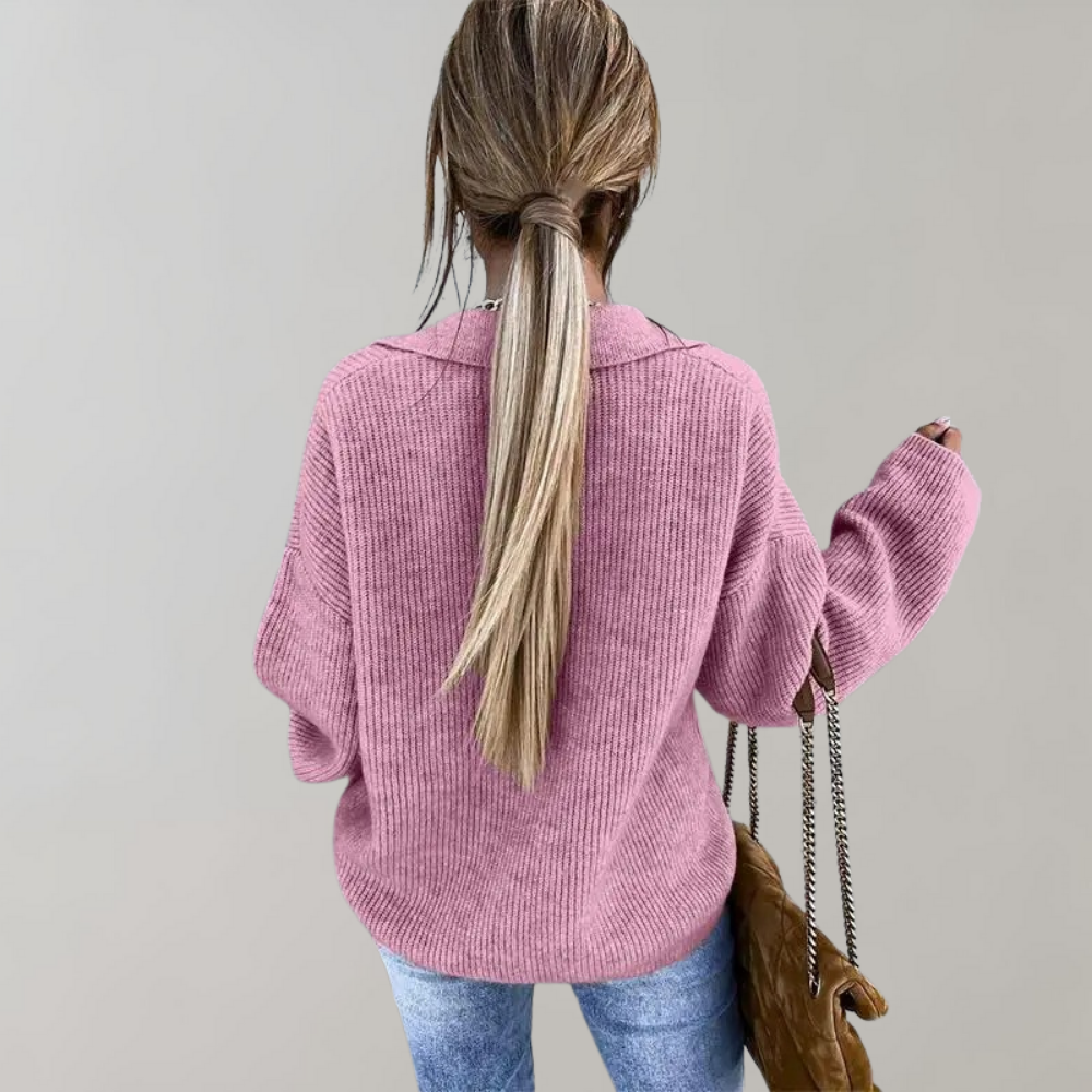 Oversized Ribbed Collared V-Neck Sweater